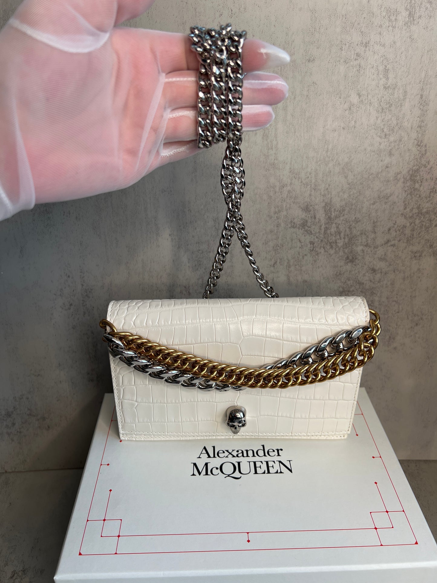 Alexander McQueen Small Skull Croc-Embossed Chain Shoulder Bag