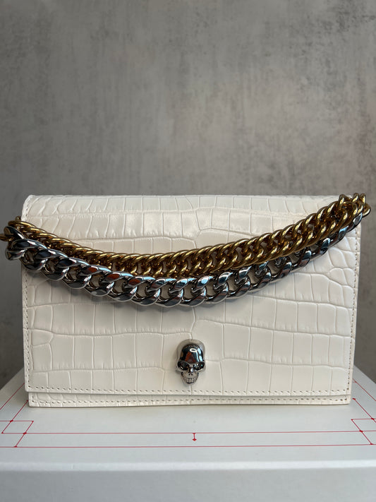 Alexander McQueen Small Skull Croc-Embossed Chain Shoulder Bag