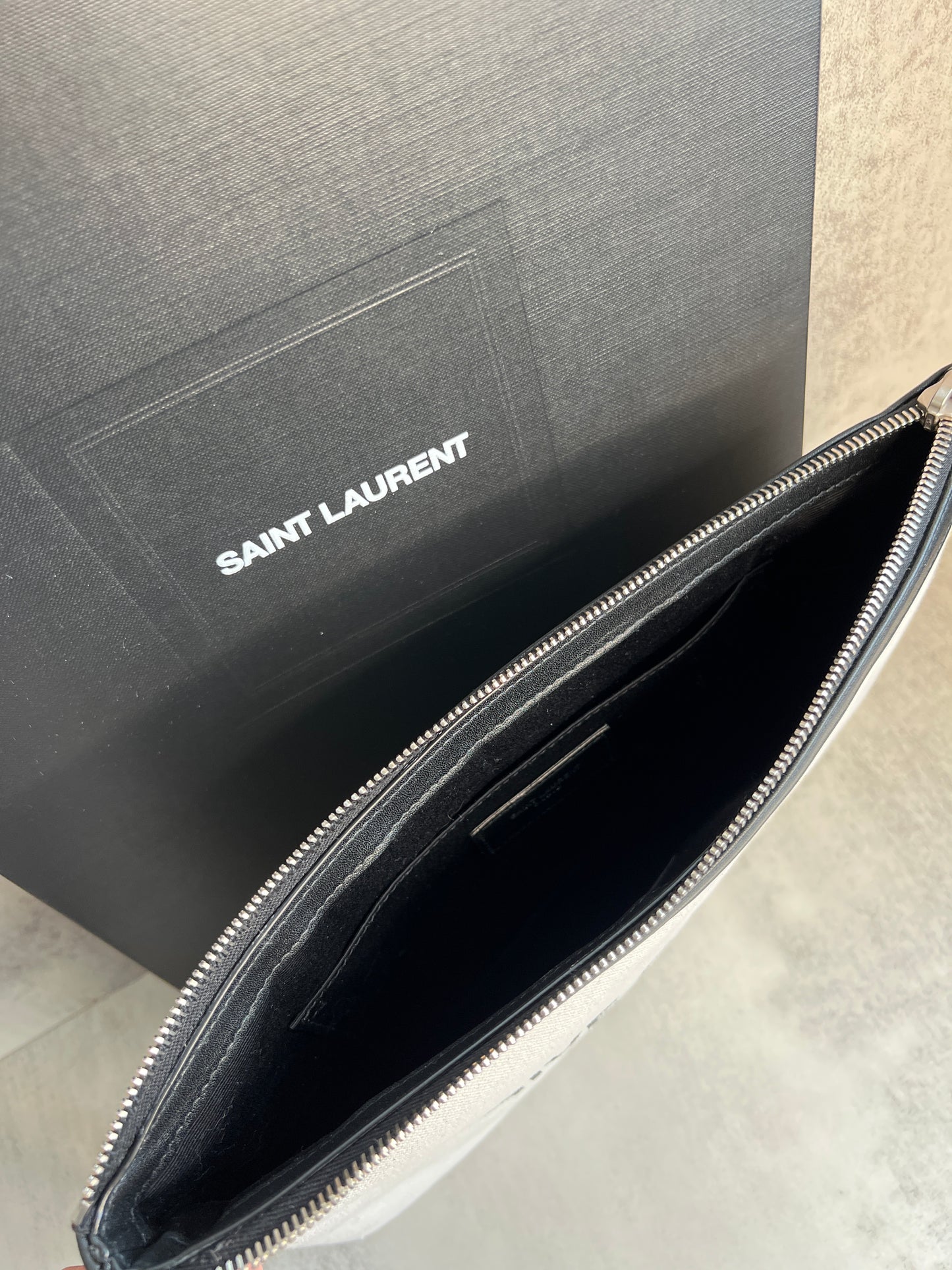 White YSL Rive Gauche Clutch