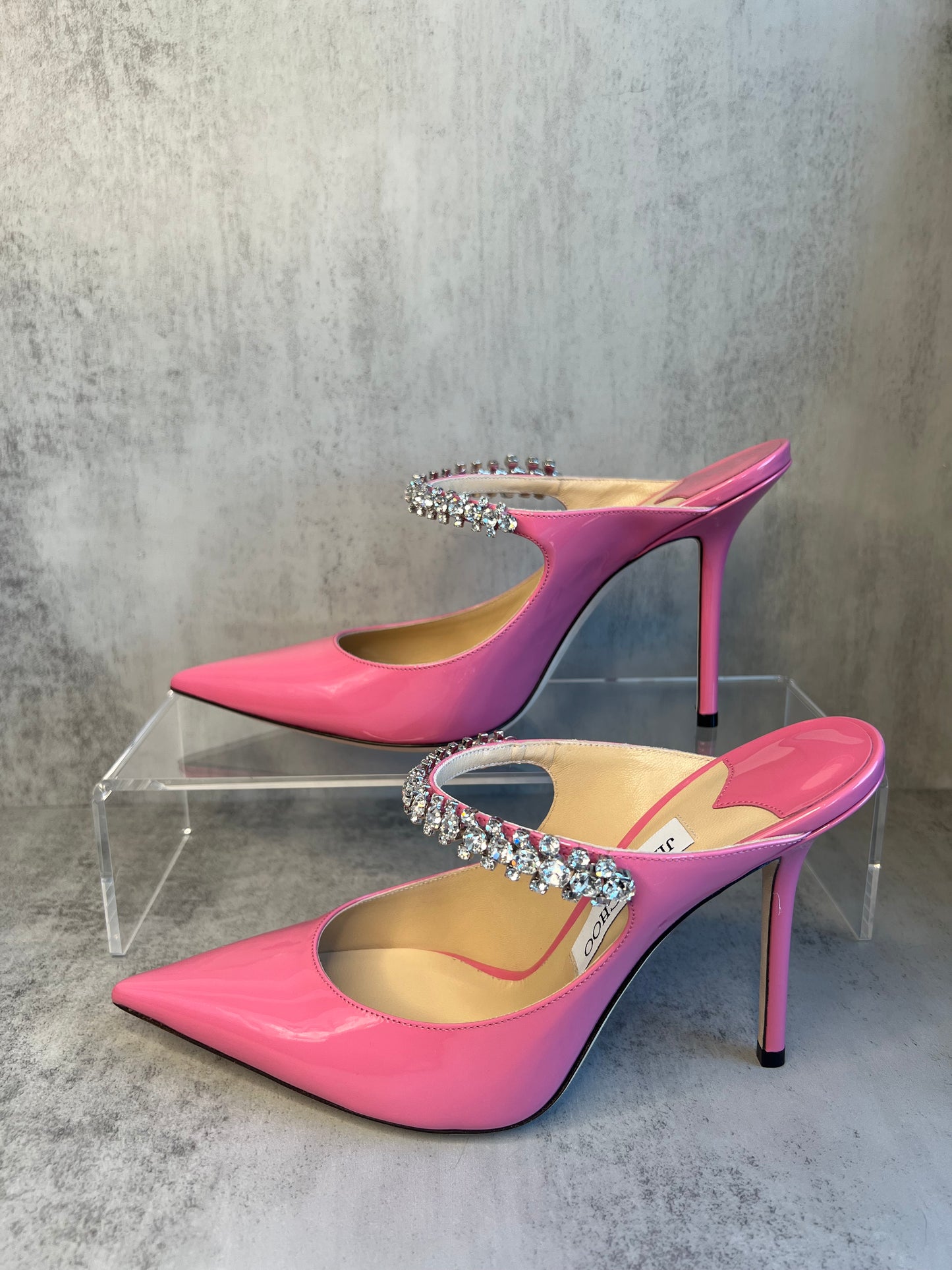 JIMMY CHOO Patent Crystal Bing 100 Pump/Mule Candy Pink size 39.5