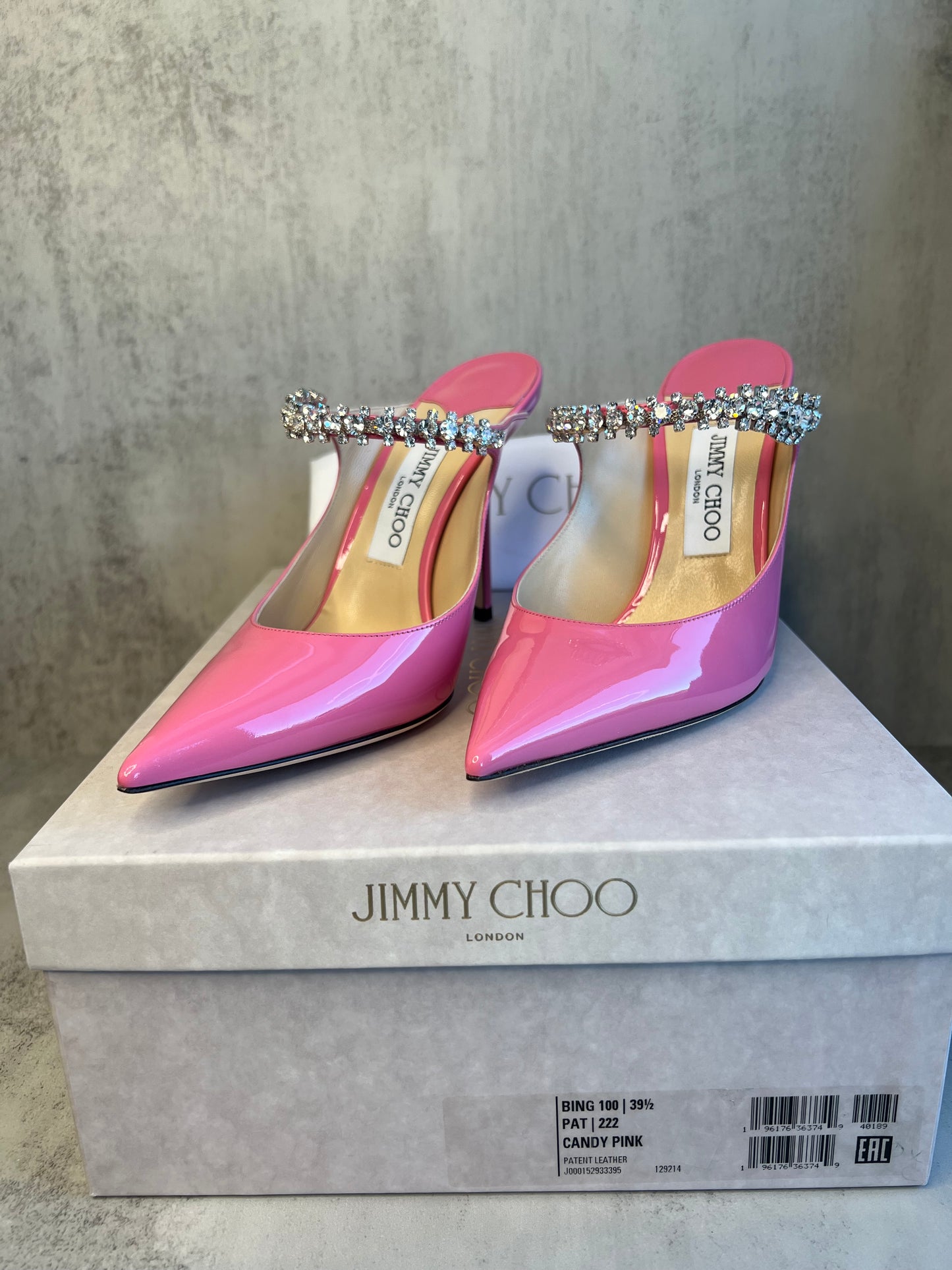 JIMMY CHOO Patent Crystal Bing 100 Pump/Mule Candy Pink size 39.5