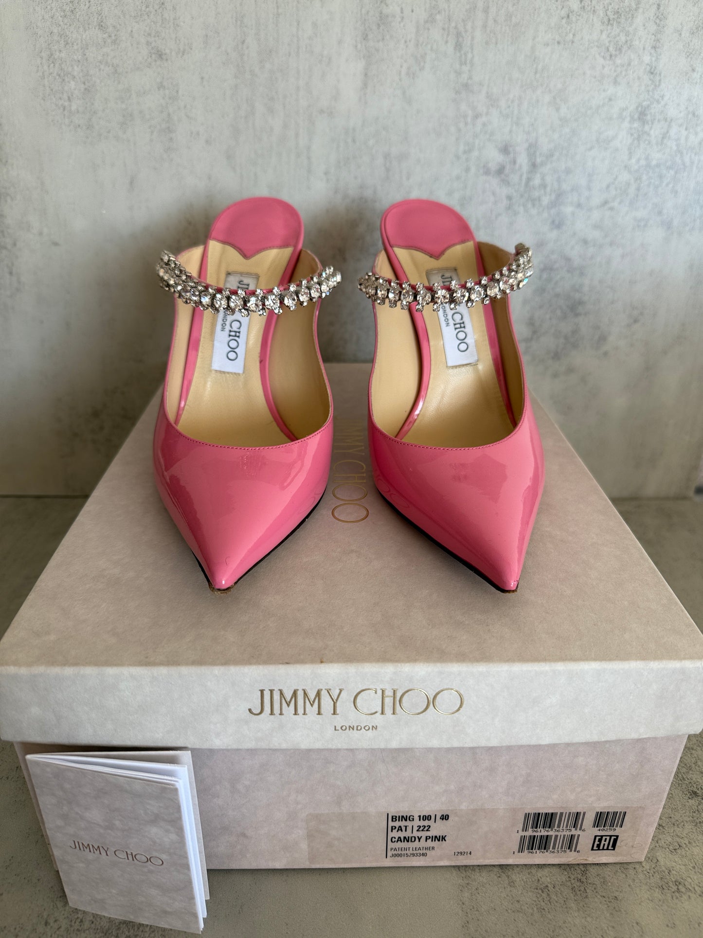 Jimmy Choo Bing 100 Crystal Patent Leather Mules Candy Pink Size 40