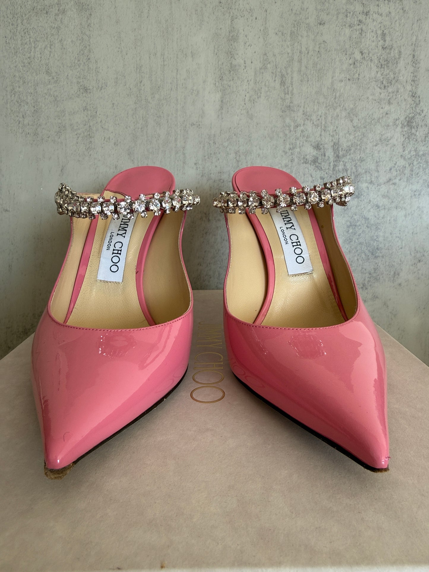 Jimmy Choo Bing 100 Crystal Patent Leather Mules Candy Pink Size 40