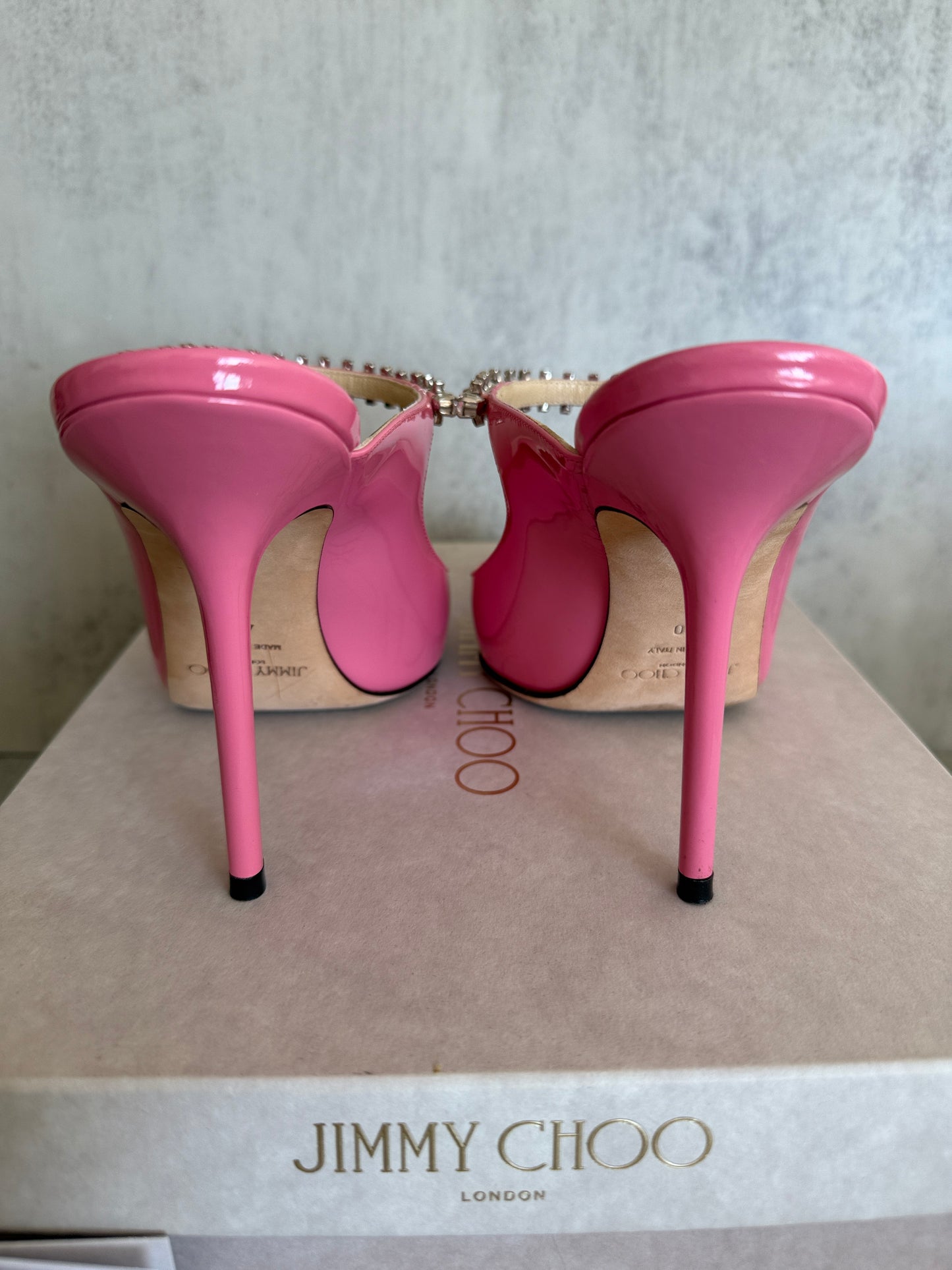 Jimmy Choo Bing 100 Crystal Patent Leather Mules Candy Pink Size 40