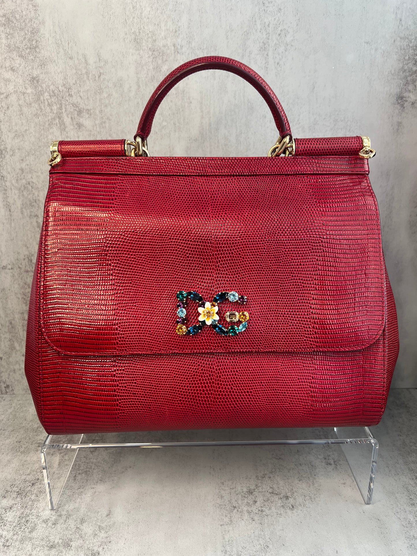 Dolce & Gabbana Sicily Handbag, Red Lizard Embossed Leather with Crystal D&G Logo