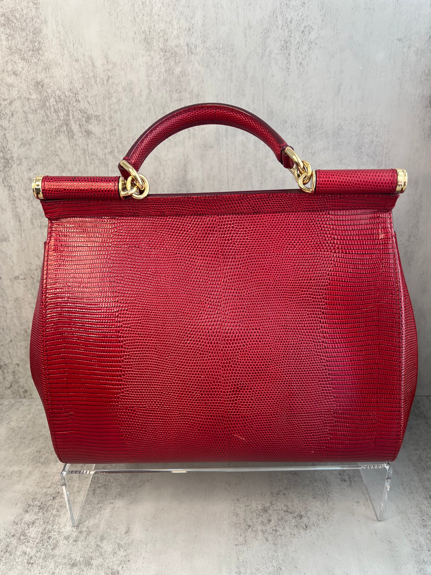 Dolce & Gabbana Sicily Handbag, Red Lizard Embossed Leather with Crystal D&G Logo