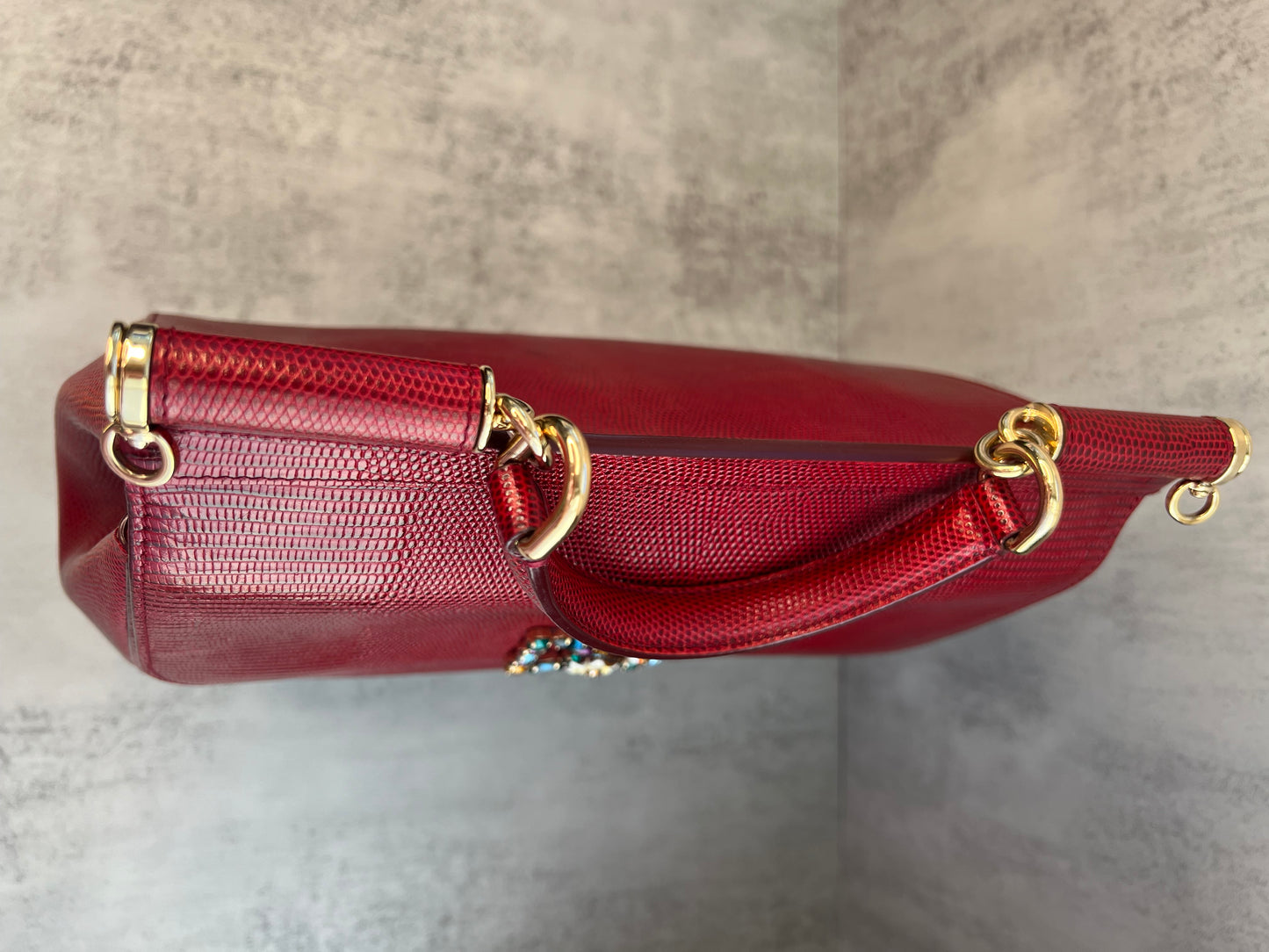 Dolce & Gabbana Sicily Handbag, Red Lizard Embossed Leather with Crystal D&G Logo