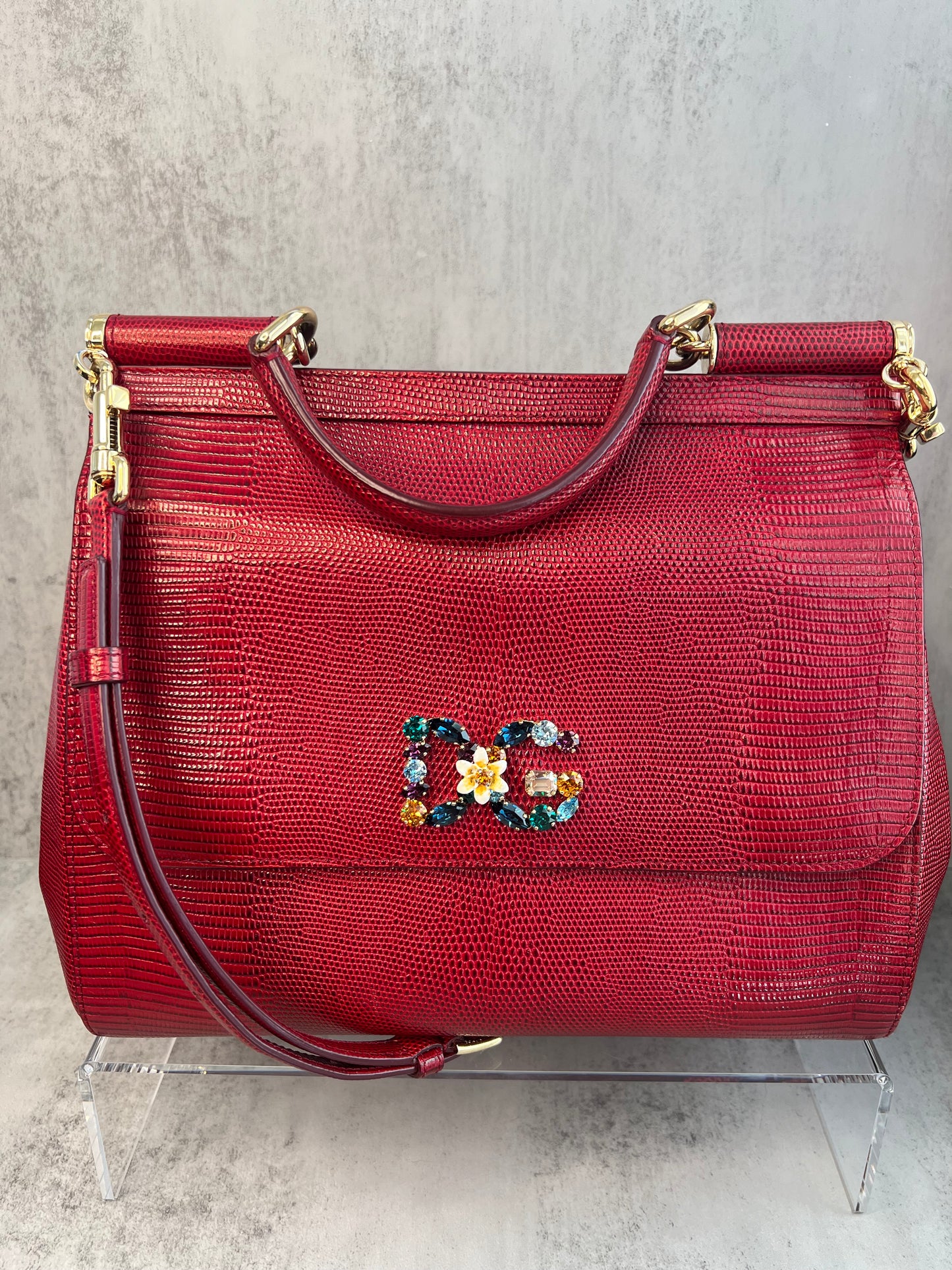 Dolce & Gabbana Sicily Handbag, Red Lizard Embossed Leather with Crystal D&G Logo