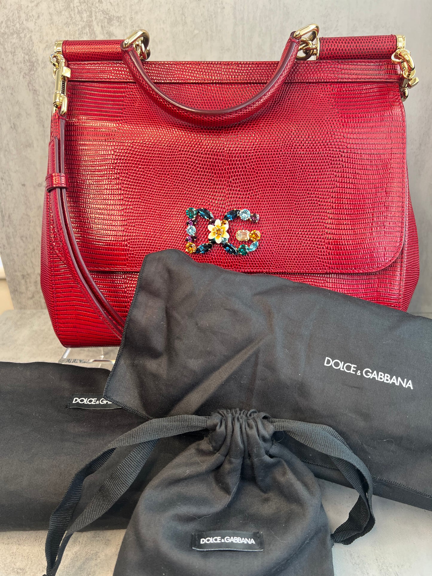 Dolce & Gabbana Sicily Handbag, Red Lizard Embossed Leather with Crystal D&G Logo